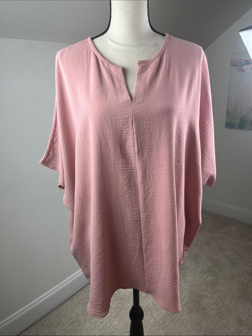 Before You Dusty Rose Textured Tunic Top Size L Notch Neck Dolman Sleeve